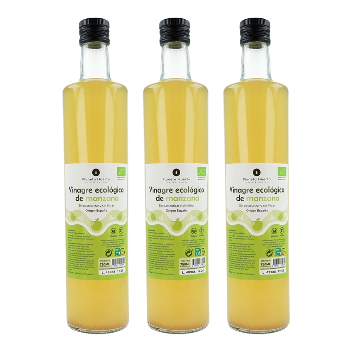 Pack 3x Vinagre de manzana ECO sin filtrar Planeta Huerto 750 ml