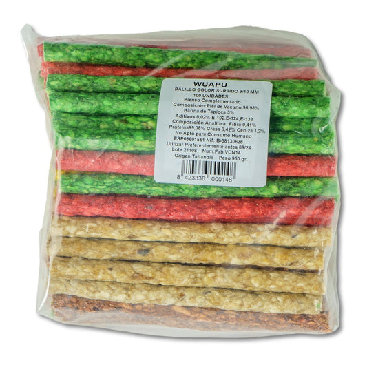 Snack Para Perro En Barritas De Colores Hecho De Piel De Vacuno De 12'5cm. Cada Bolsa Contiene 100 U