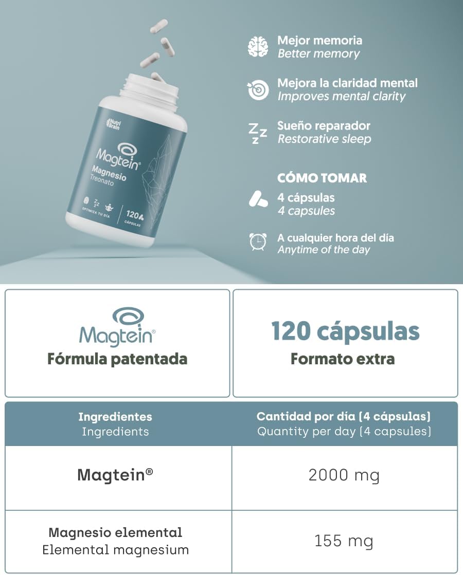Magnesio L-treonato 2000mg Magtein Cerebro Nutribrain 120 Cápsulas_5