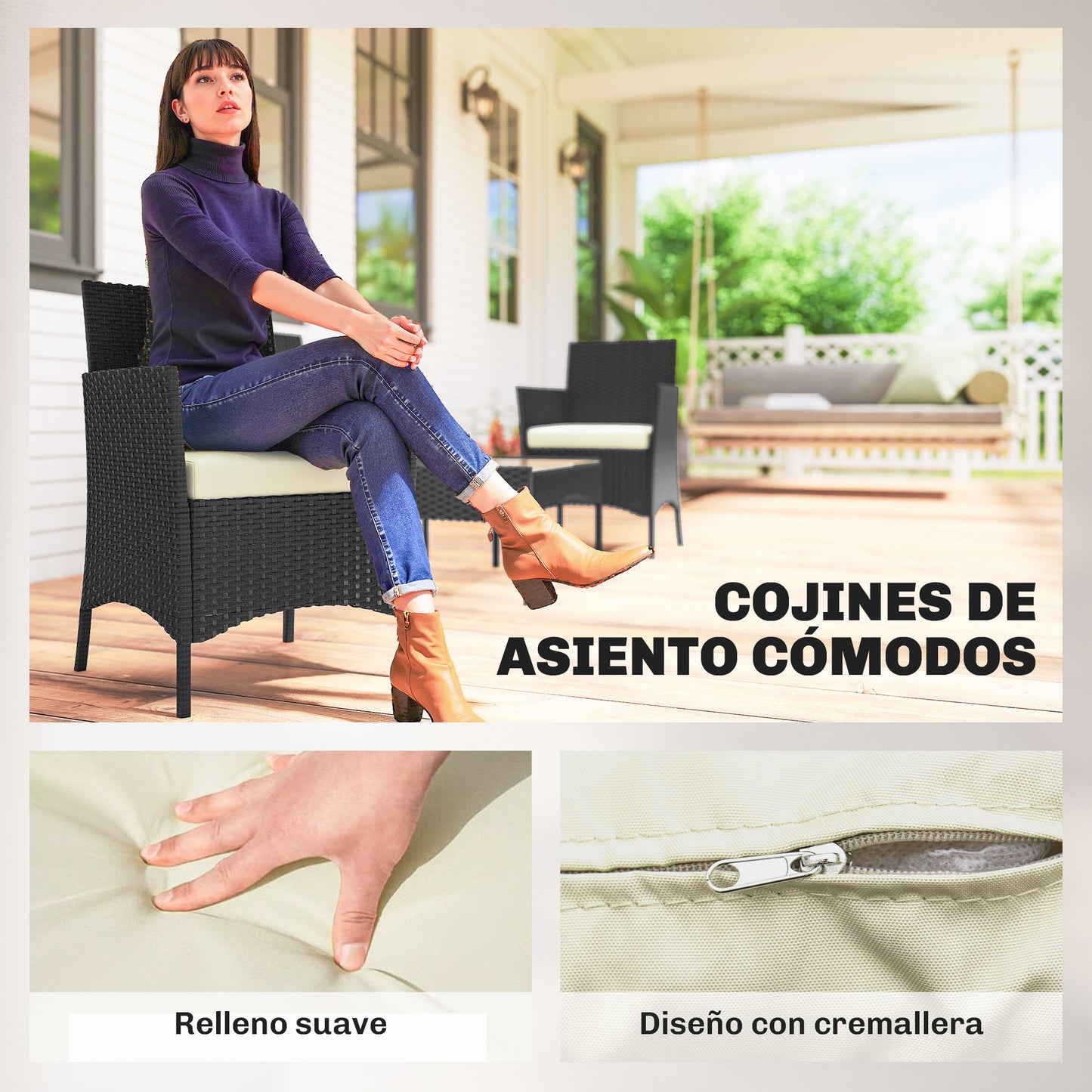 Outsunny Conjunto Jardín Exterior De Ratán Sintético Con Cojines Negro Y Crema_5