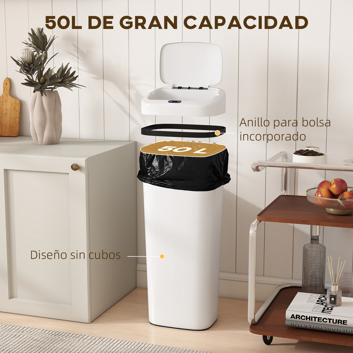 Balde De Lixo Homcom Aço Inoxidável, Abs Branco 33x25x84 Cm_5