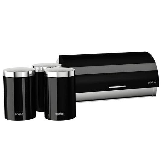 Panera De Mesa +juego 3 Botes Cocina Almacenaje Acero Inoxidable Contenedor De Pan Con Tapa, Briebe, Bb1161, Negro/inox