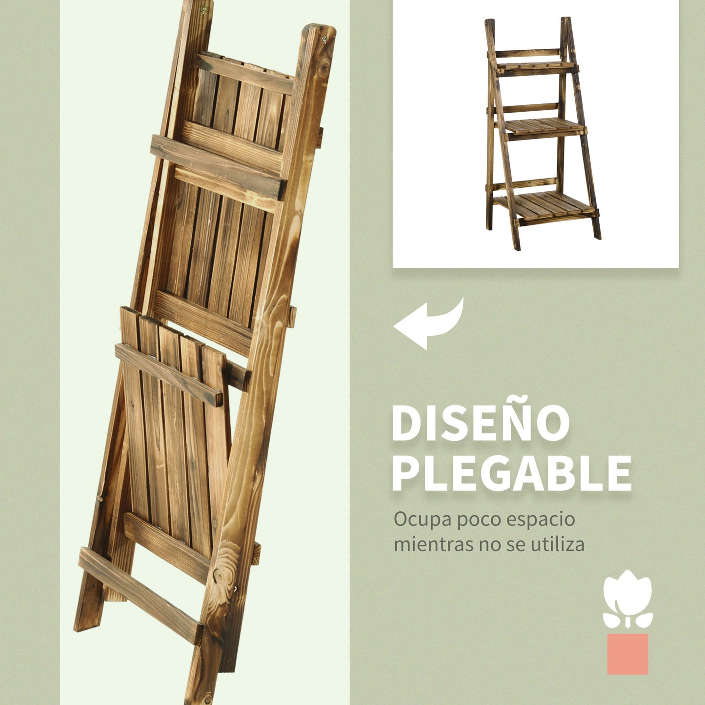 Outsunny Soporte Para Plantas De Madera De 3 Niveles Plegable 40x37x93cm Natural_5