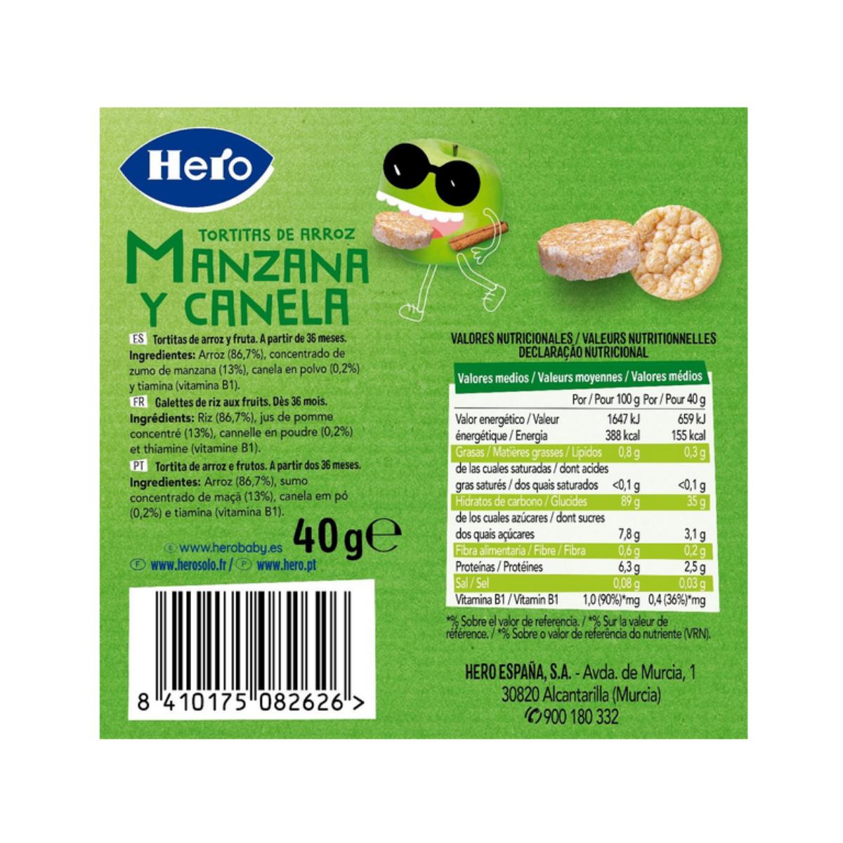 Tortitas de Arroz, Manzana y Canela sin gluten 40 g- Hero/Kids