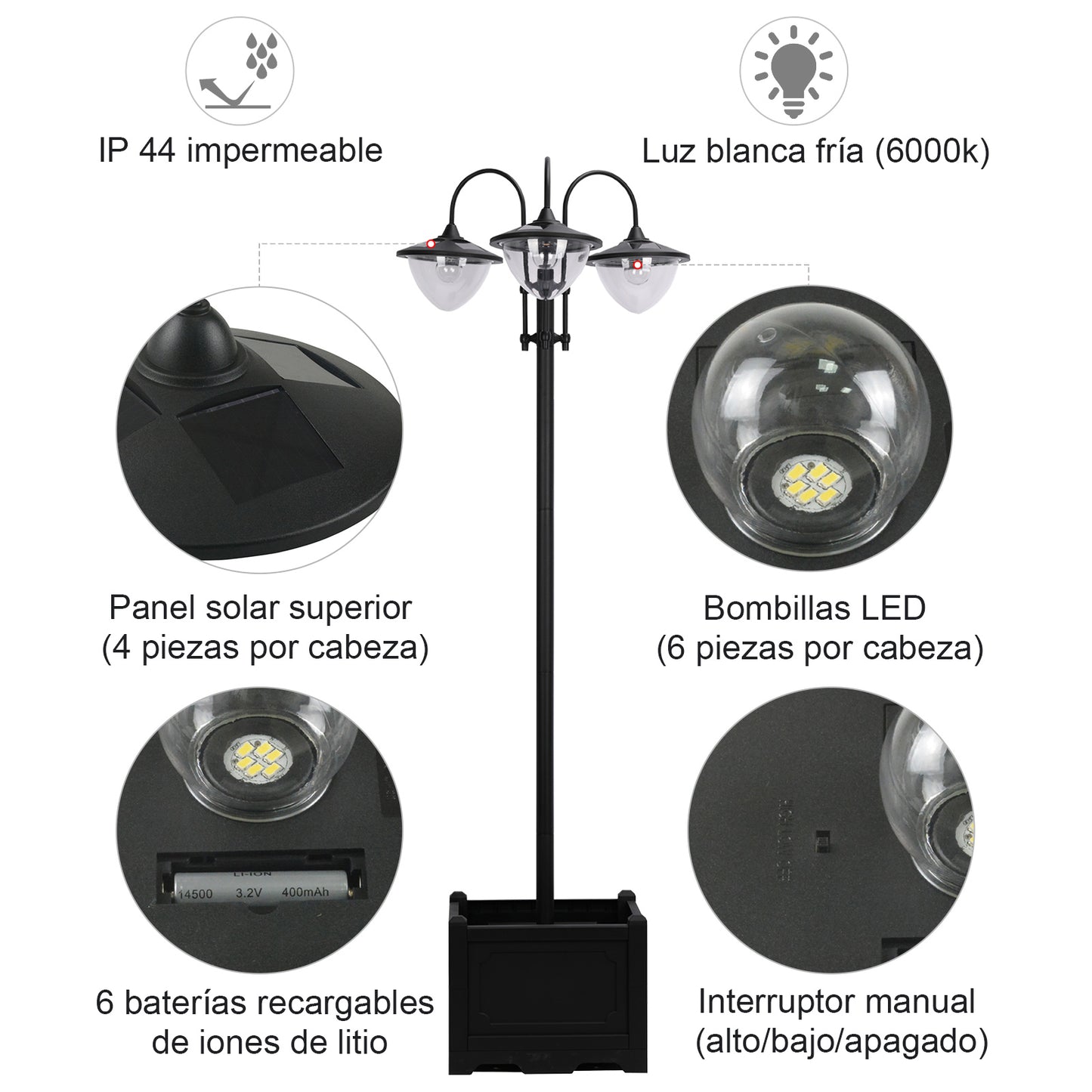 Outsunny Farol Solar De Jardín 189 Cm Con 18 Luces Led Blanca Fría 6000k Ip44_5
