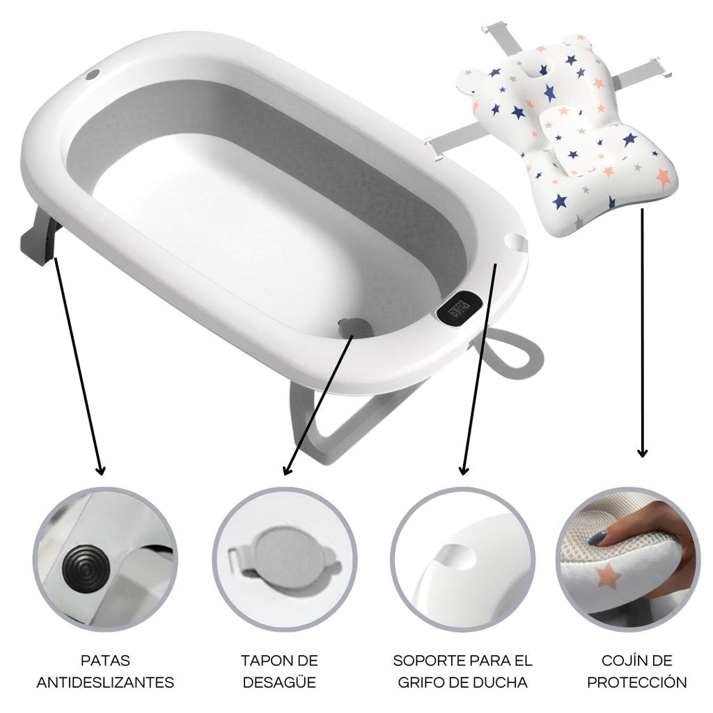 Bathby Bañera Plegable Gris Para Bebés, Cojín Reductor, Termómetro, Patas Antideslizantes (gris Pastel)