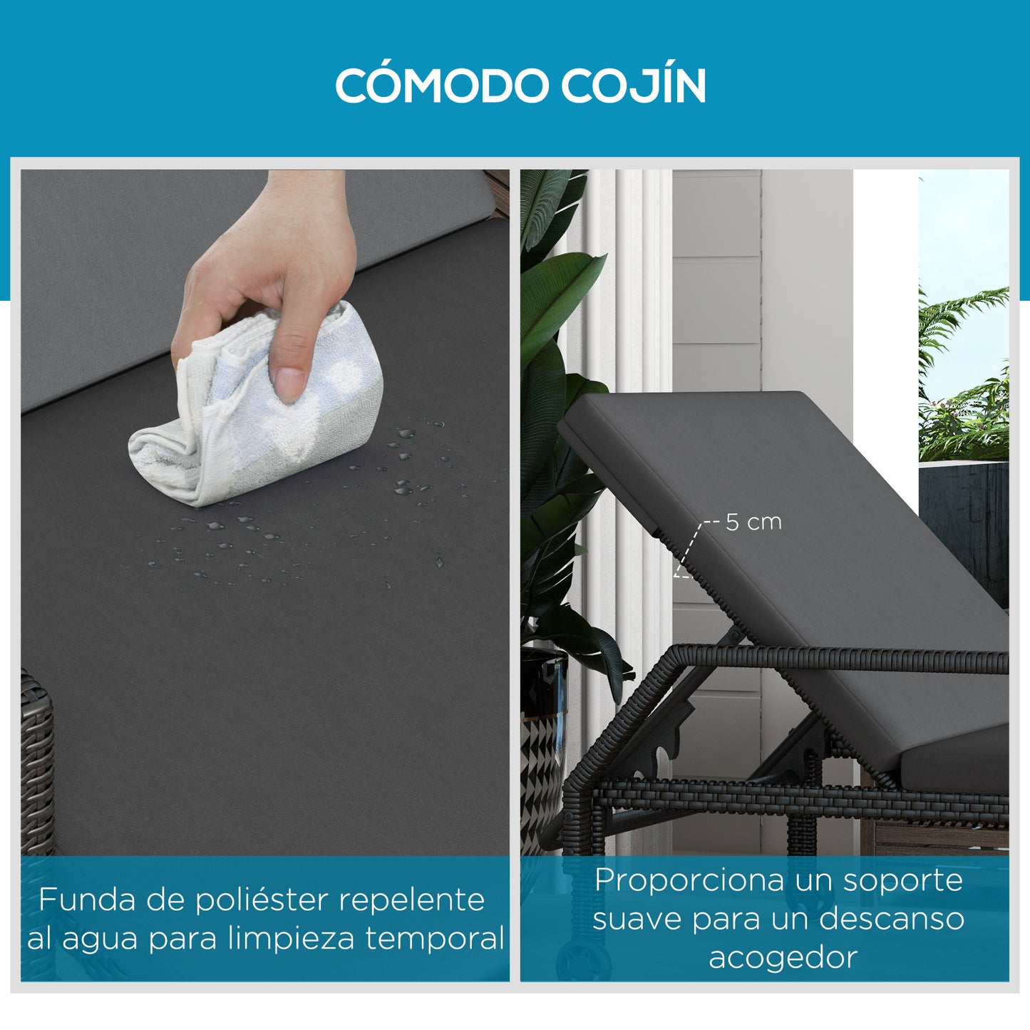 Outsunny Tumbona De Ratán Con Respaldo Ajustable 73x200x48cm Gris Oscuro Y Negro_5
