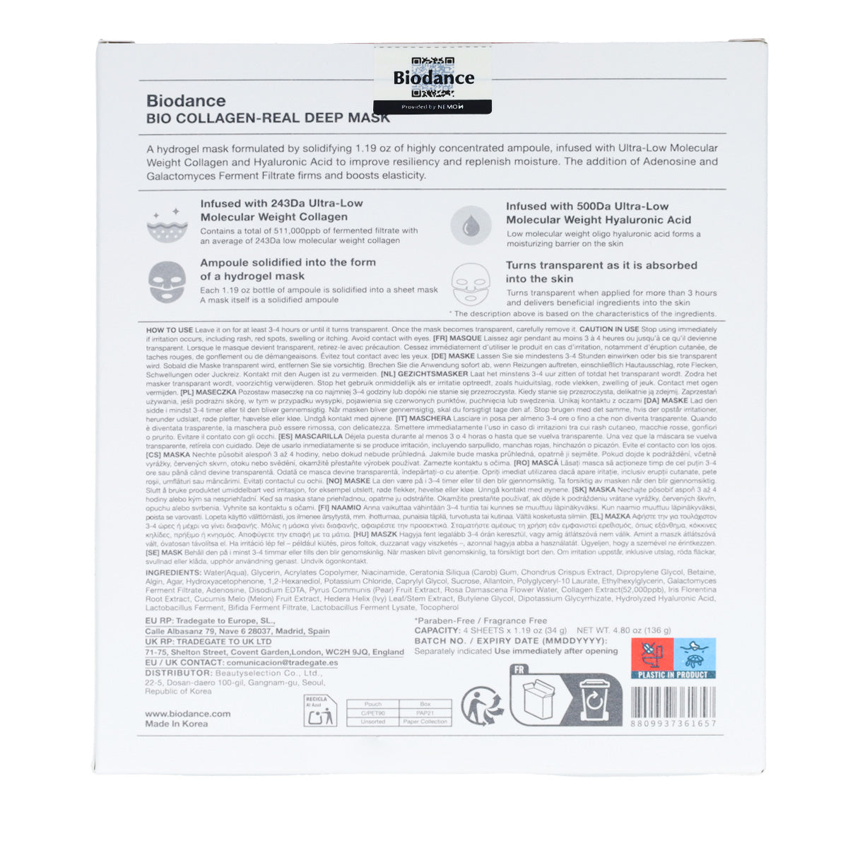 4x Mascarilla Facial Bio-Collagen Real Deep Mask Biodance