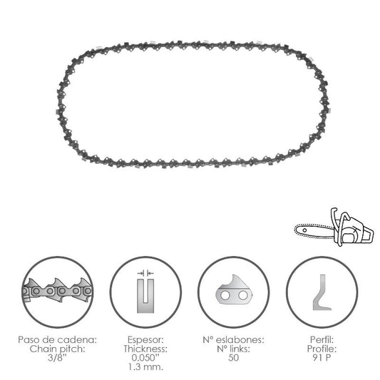 Cadena Motosierra 3/8 / 0.050 1,3 Mm. / 50 Eslabones / 91 P