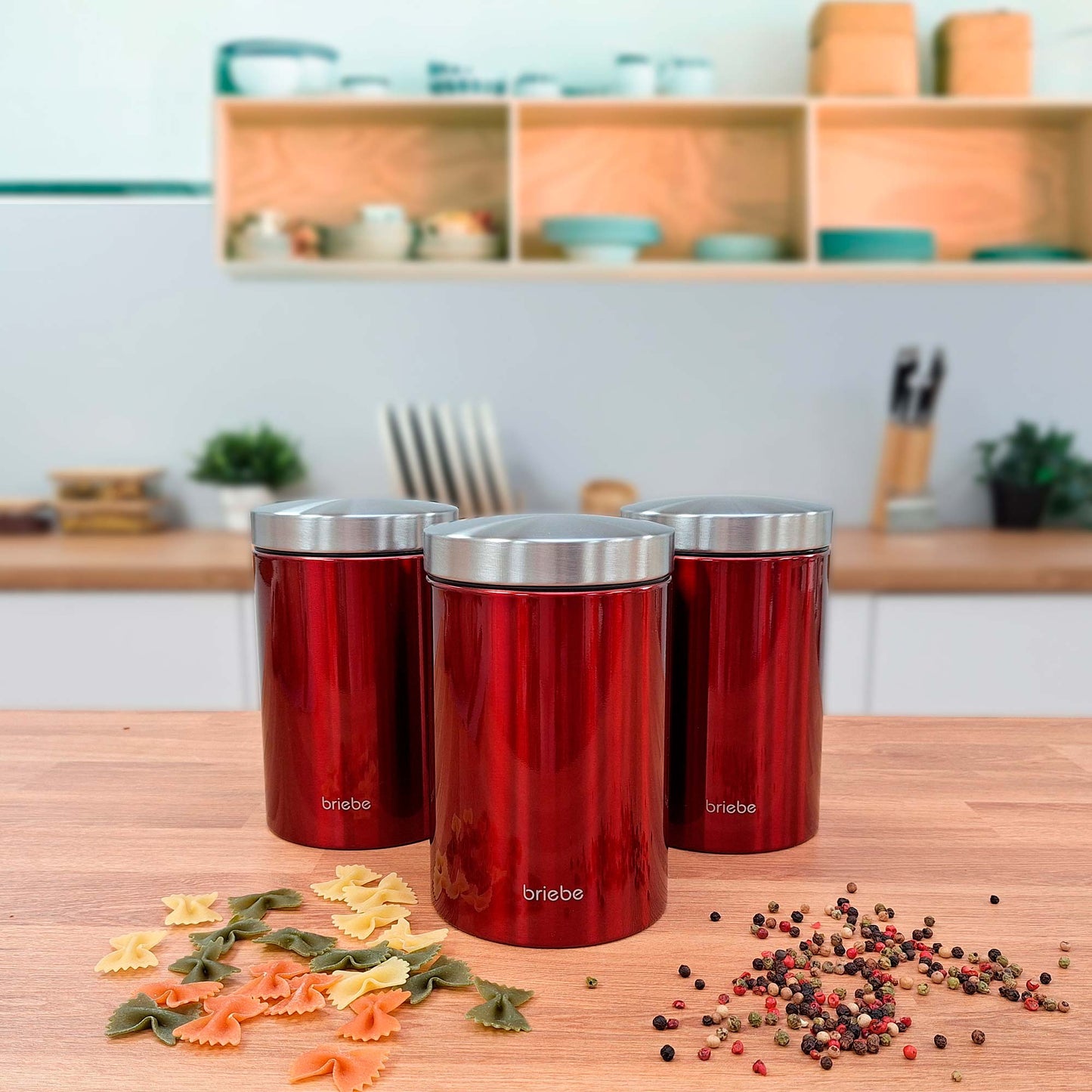Panera De Mesa +juego 3 Botes Cocina Almacenaje Acero Inoxidable Contenedor De Pan Con Tapa, Briebe, Bb1161, Rojo / Acero Inoxidable