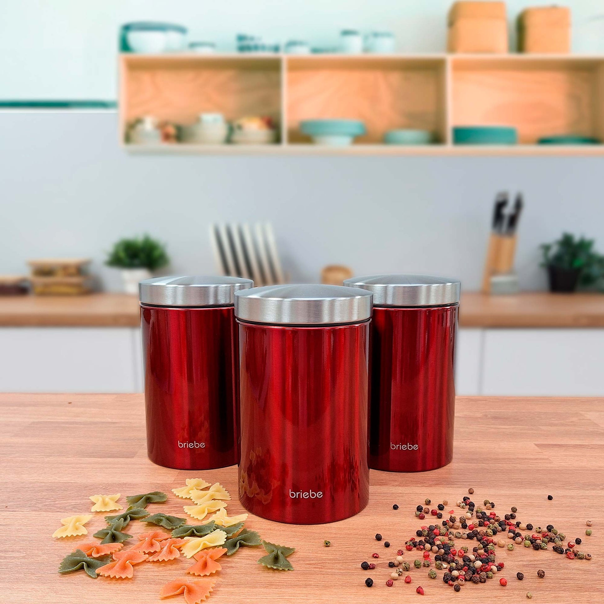 Panera De Mesa +juego 3 Botes Cocina Almacenaje Acero Inoxidable Contenedor De Pan Con Tapa, Briebe, Bb1161, Rojo / Acero Inoxidable