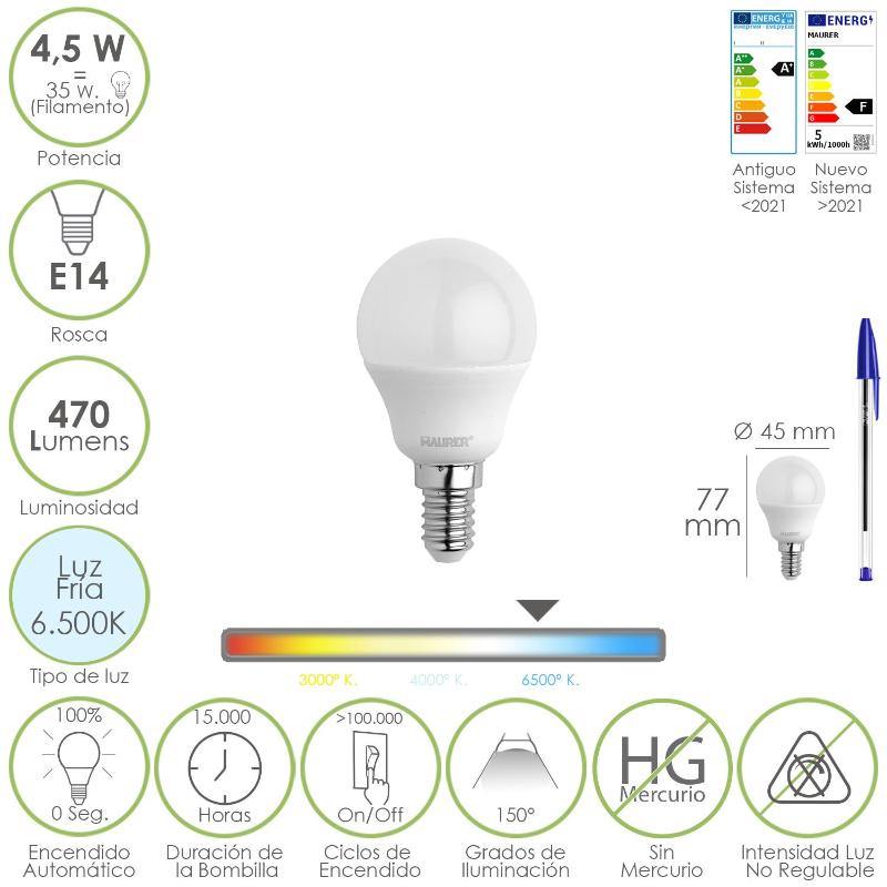Bombilla Led Esferica Rosca E14 4.5 Watt. Equivale A 35 Watt. 470 Lumenes. Luz Fria (6500º K)_0