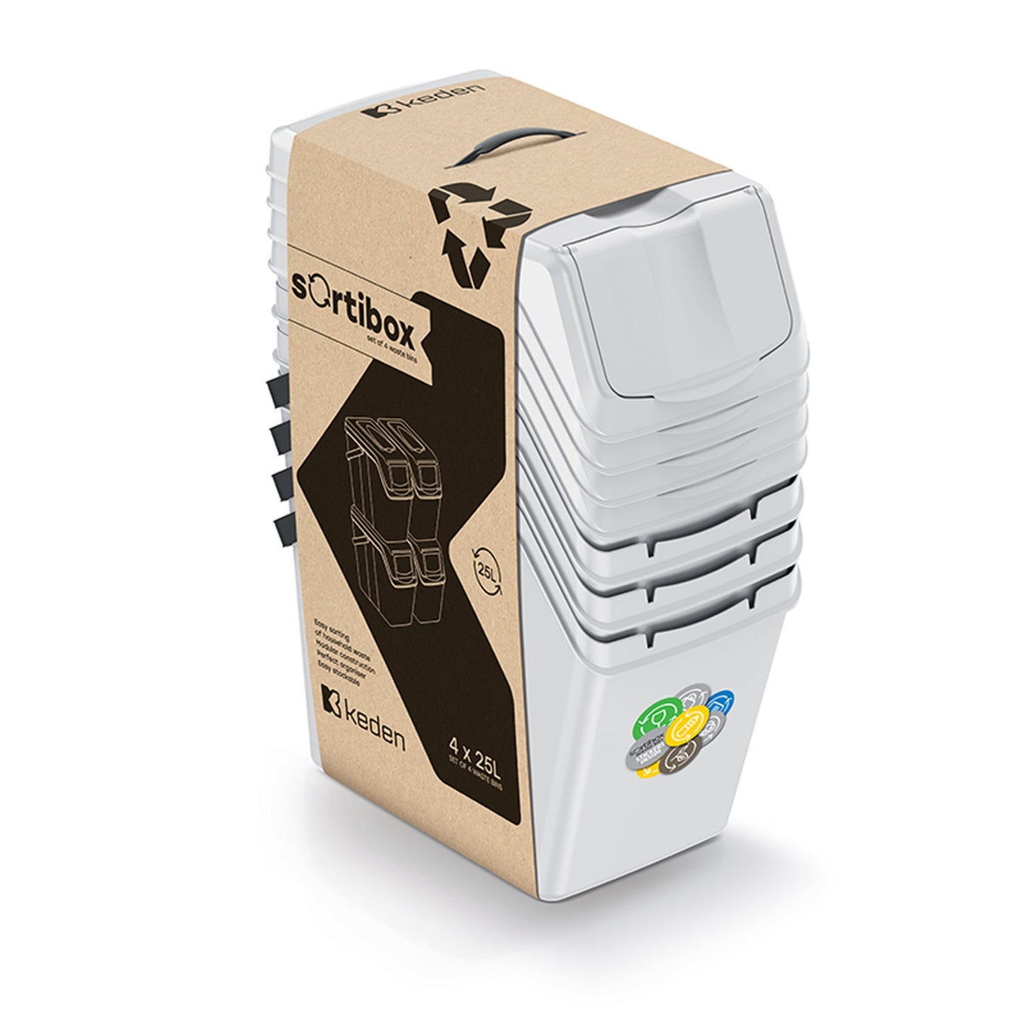 Set De 4 Cubos De Basura Keden Sortibox Para Reciclado, Blanco Roto, Volumen 4x25l_2