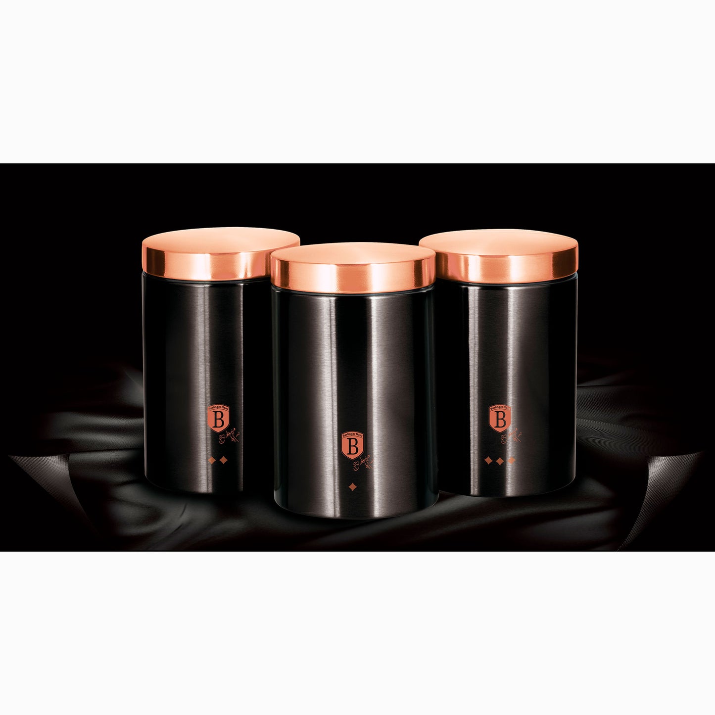 Set 3 Botes Cocina Almacenaje Acero Inoxidable, Diseño Moderno, Ø11x17,8cm Especias, Té ,café Berlinger Haus Black Rose, Oro Rosado/negro