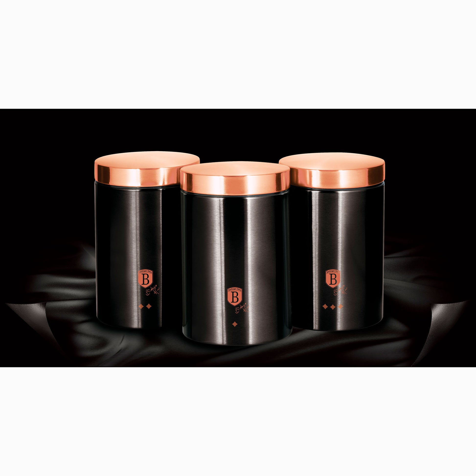 Set 3 Botes Cocina Almacenaje Acero Inoxidable, Diseño Moderno, Ø11x17,8cm Especias, Té ,café Berlinger Haus Black Rose, Oro Rosado/negro