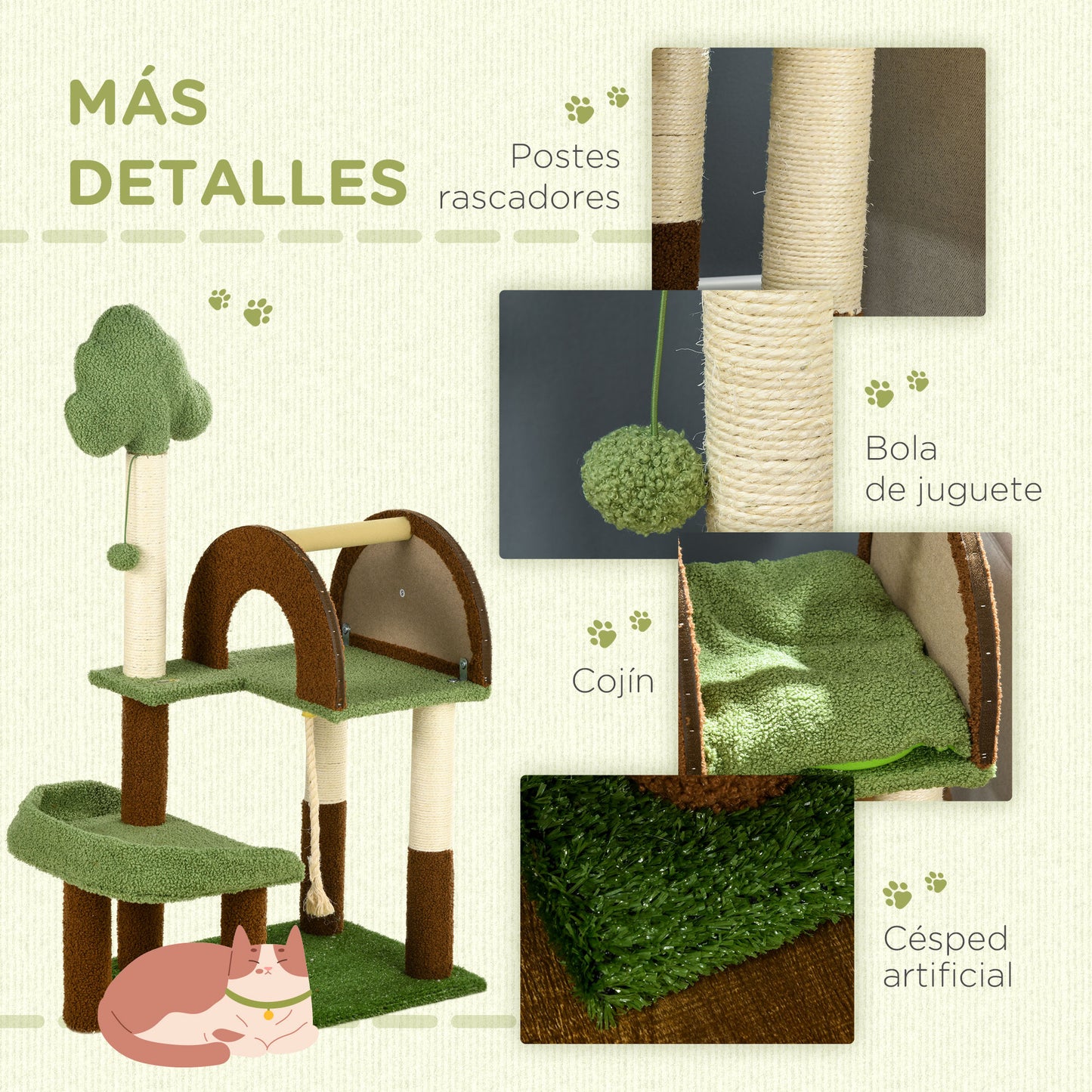 Pawhut Árbol Rascador Para Gatos Mediano Con Poste De Sisal 49x40x107 Cm Verde_5