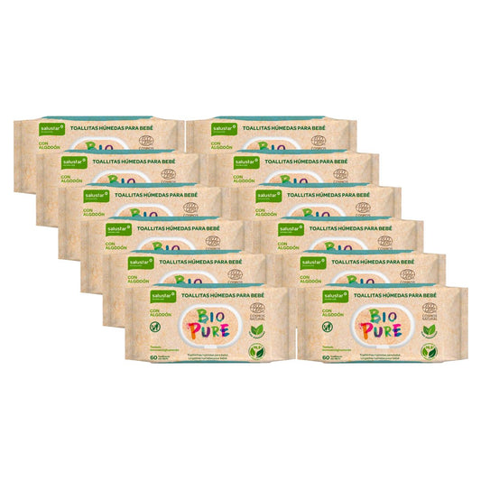 PACK 12x Toallitas Húmedas para bebé Biopure biodegradables Salustar 60 uds