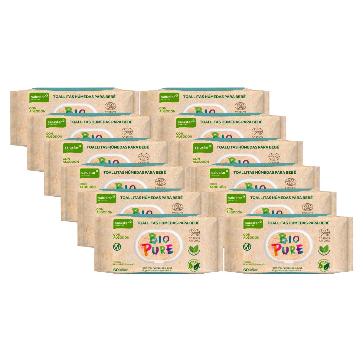 PACK 12x Toallitas Húmedas para bebé Biopure biodegradables Salustar 60 uds