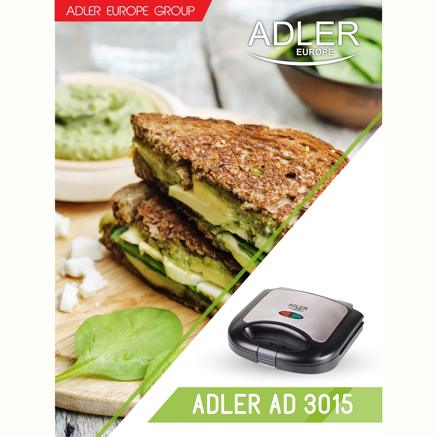 Sandwichera, 2 Sandwiches, Placas Antiadherentes, Tostado Perfecto, Acero Inoxidable, Compacta Adler Ad3015 850w