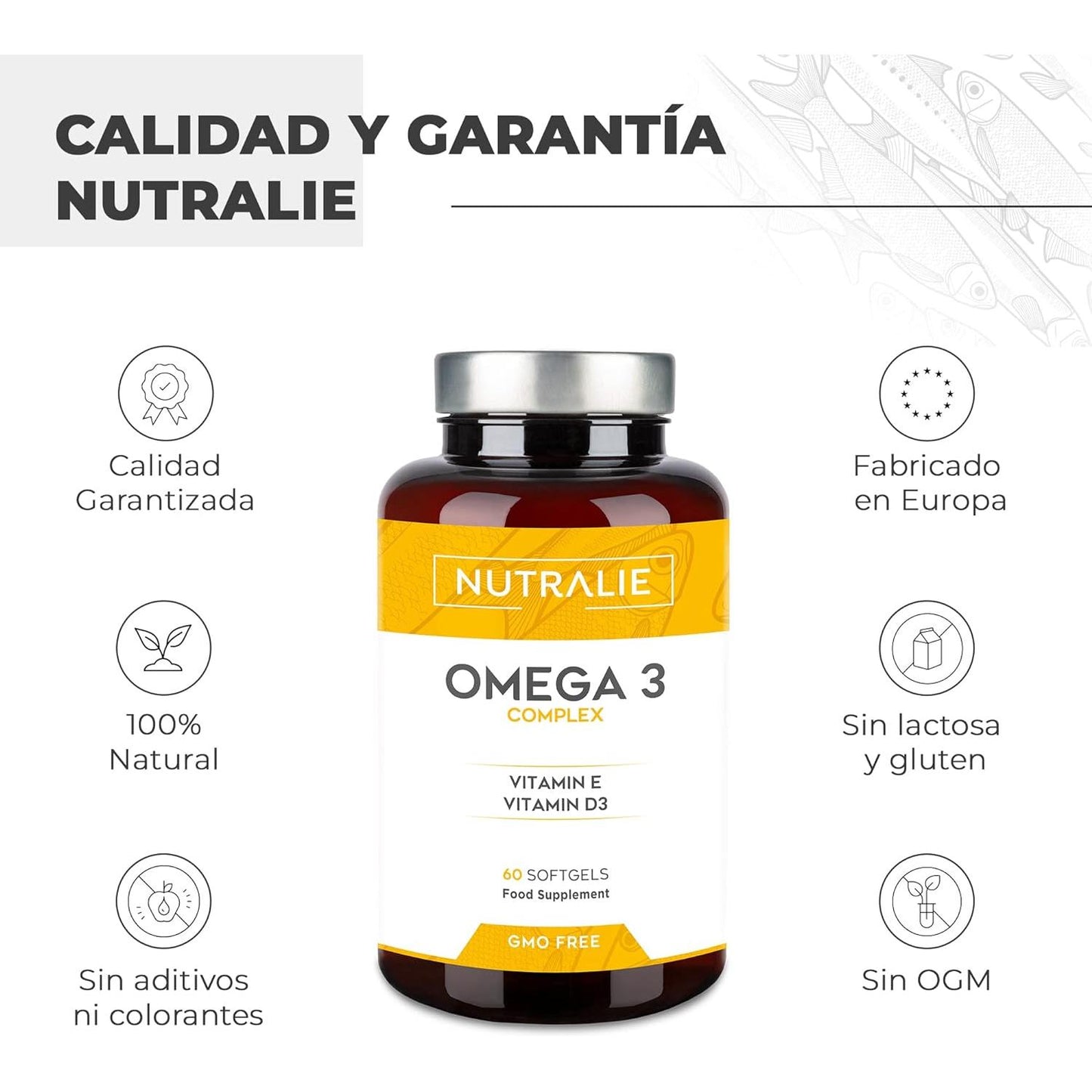 Omega 3 Complex 2000mg + Vit E y D3 DHA EPA Nutralie 60 Softgels