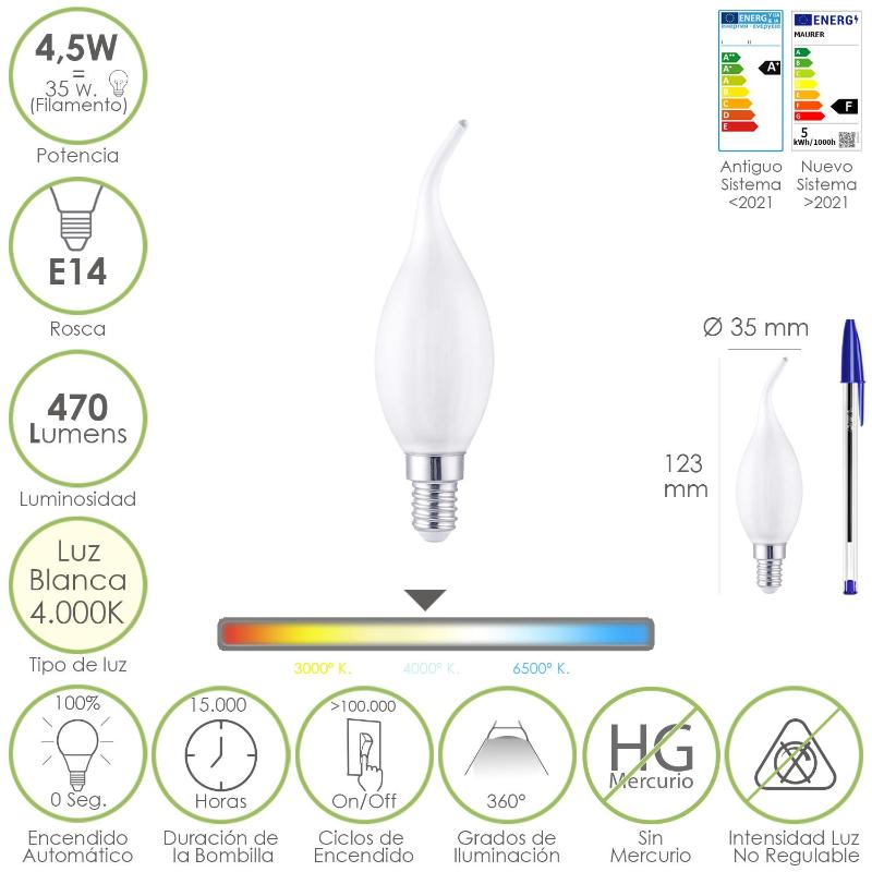 Bombilla Led Filamento Vela Llama Esmerilada E14. 4,5 Watt. Equivale A 35 Watt. 470 Lumenes. Luz Neutra 4000º K._0