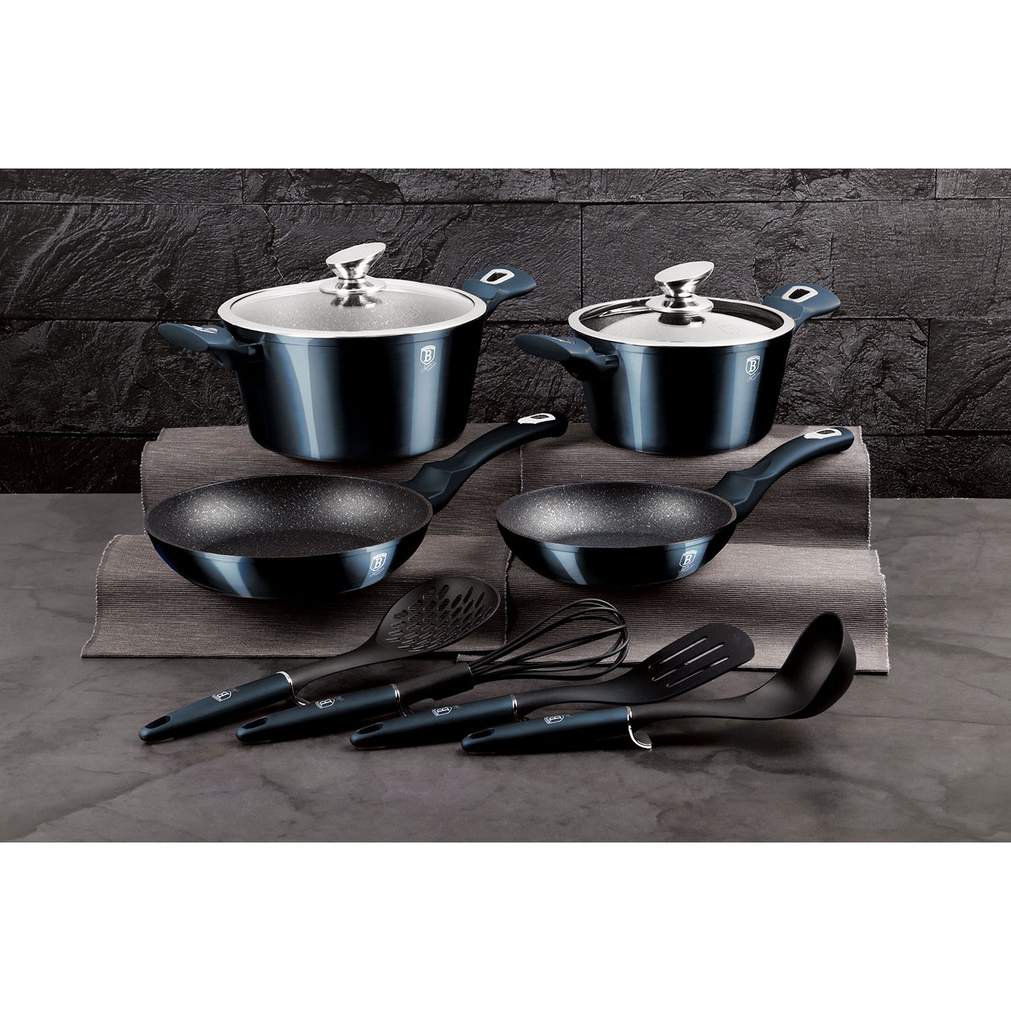 Batería Cocina Inducción 10 Piezas, Antiadherente Mármol Sin Pfoa, Aluminio, Cazuelas Sartenes Berlinger Haus Aquamarine Azul Marino