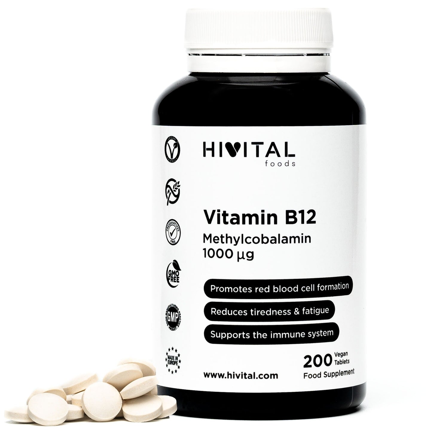 Vitamina B12 Metilcobalamina 1000 mcg Hivital 200 comprimidos veganos