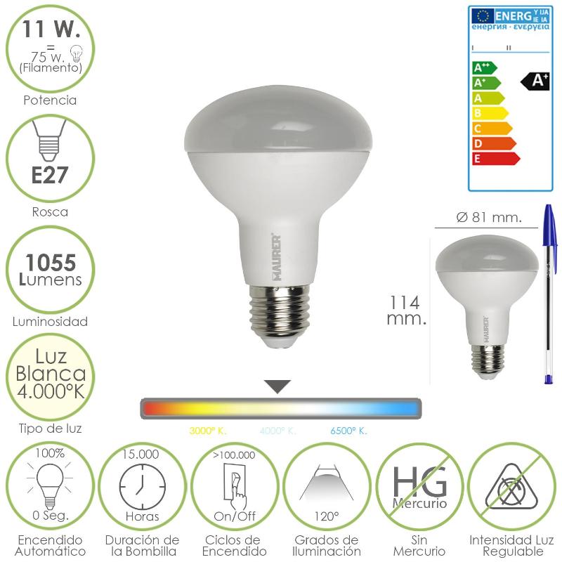 Bombilla Led Standar Rosca E27 (gorda) 11 Watt. Equivale A 75 Watt. 1055 Lumenes. Luz Blanca (4.000º K) A+_0