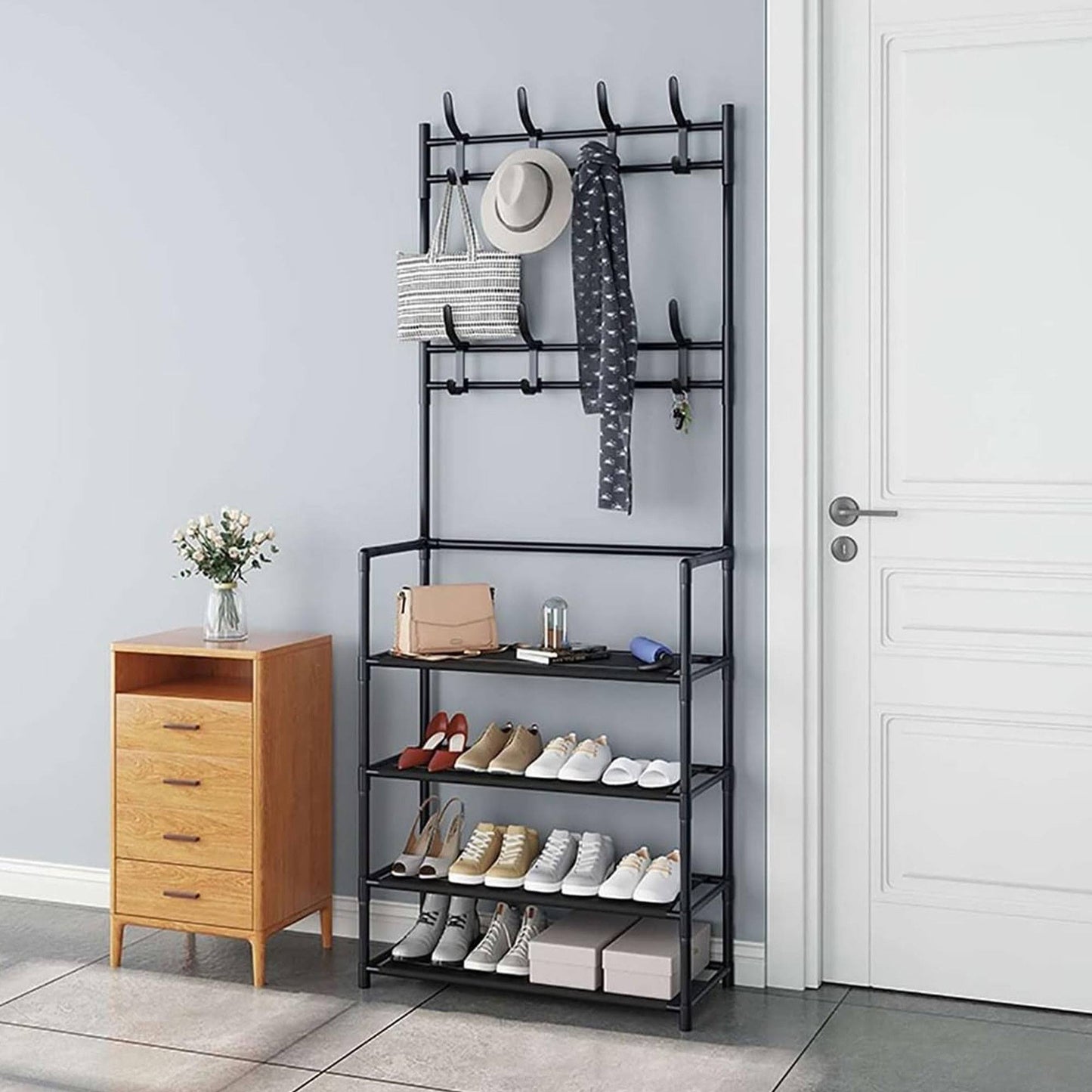 Well Home Perchero Con Estructura De Hierro Acabado Negro, Con 4 Estantes De Organización H.155cm