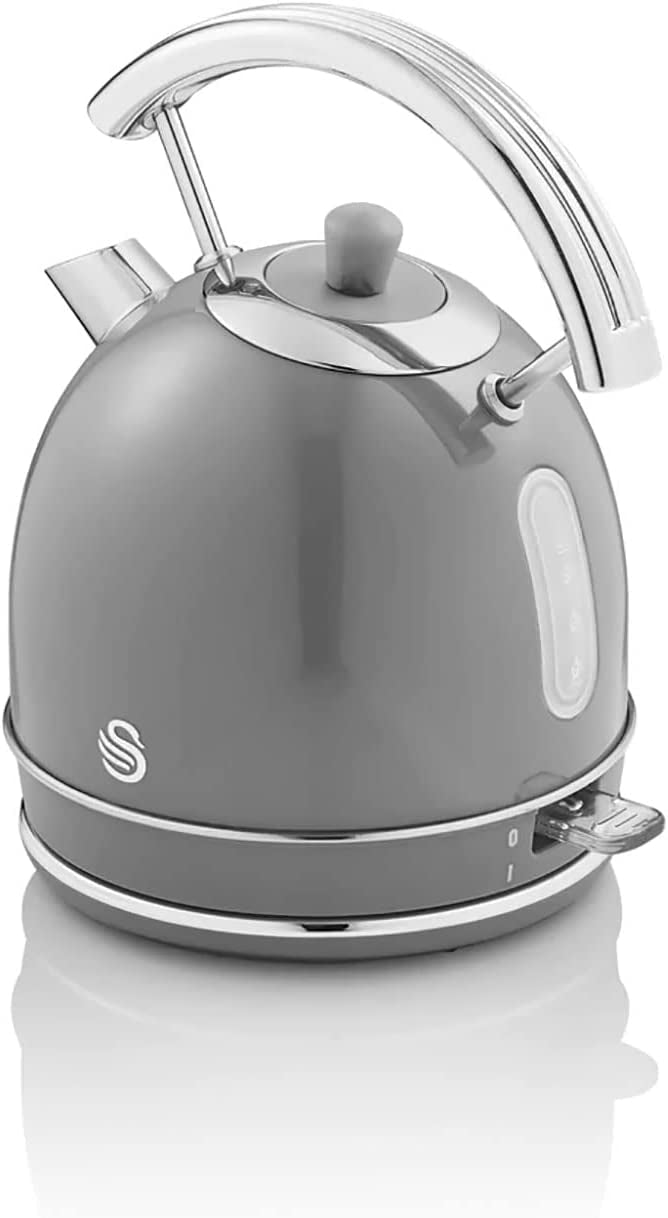 Hervidor Agua Eléctrico Retro , 1,8 L, Resistencia Oculta Acero Inoxidable, Sin Bpa, Inalámbrico Swan Sk14630grneu Gris