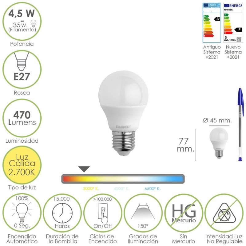 Bombilla Led Esferica Rosca E27 4.5 Watt. Equivale A 55 Watt. 470 Lumenes. Luz Cálida (2700º K.)_0