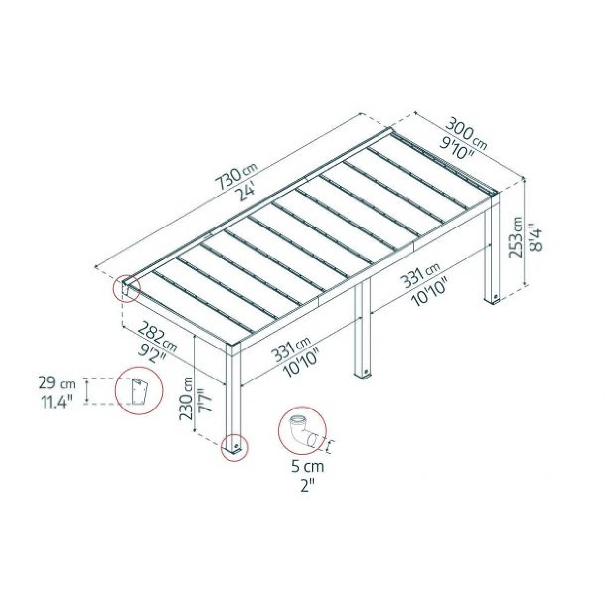 Pérgola adosada de madera de cedro Helsinki 300x730 cm Canopia