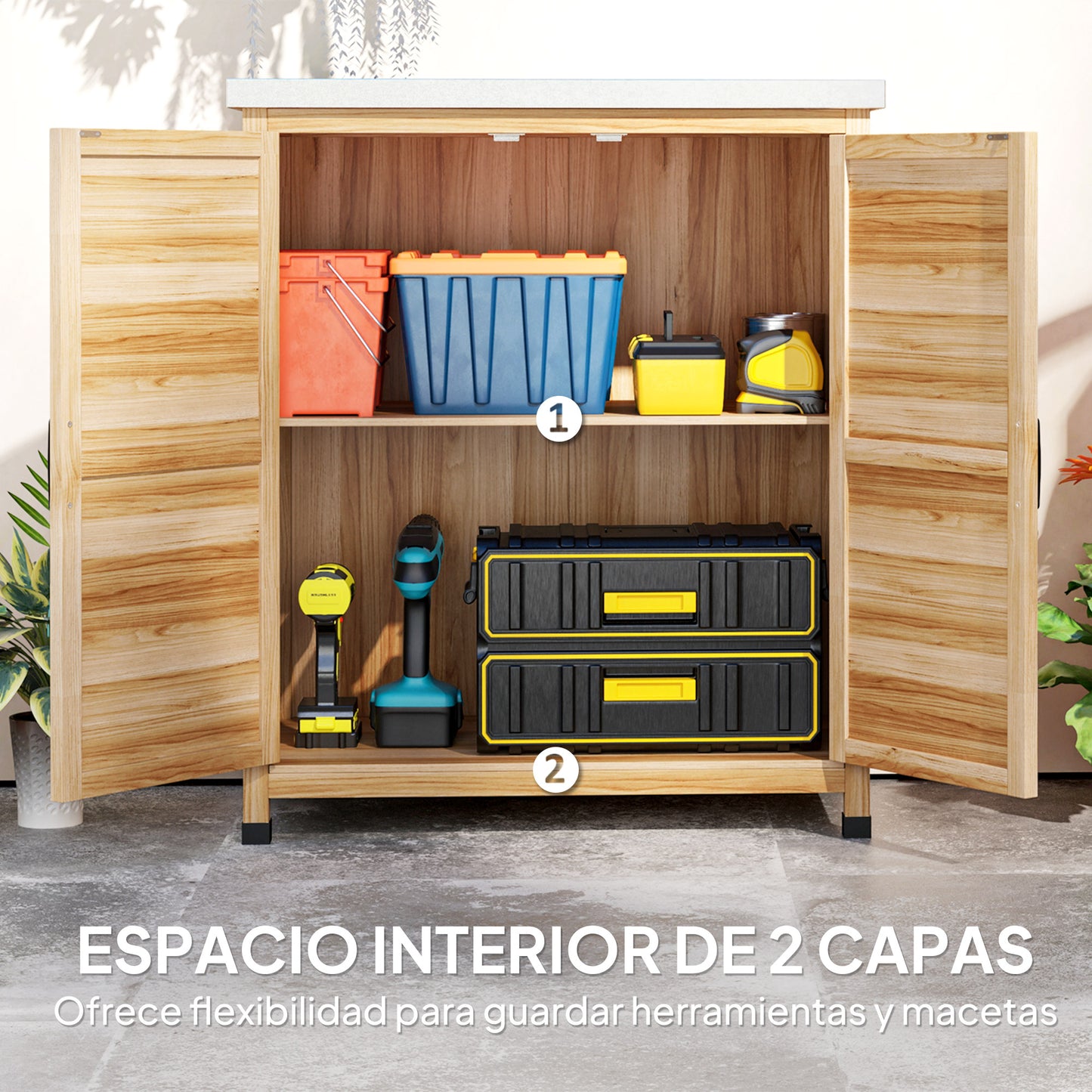 Outsunny Caseta De Jardín De Madera Con Techo De Acero Y 2 Puertas Natural_5