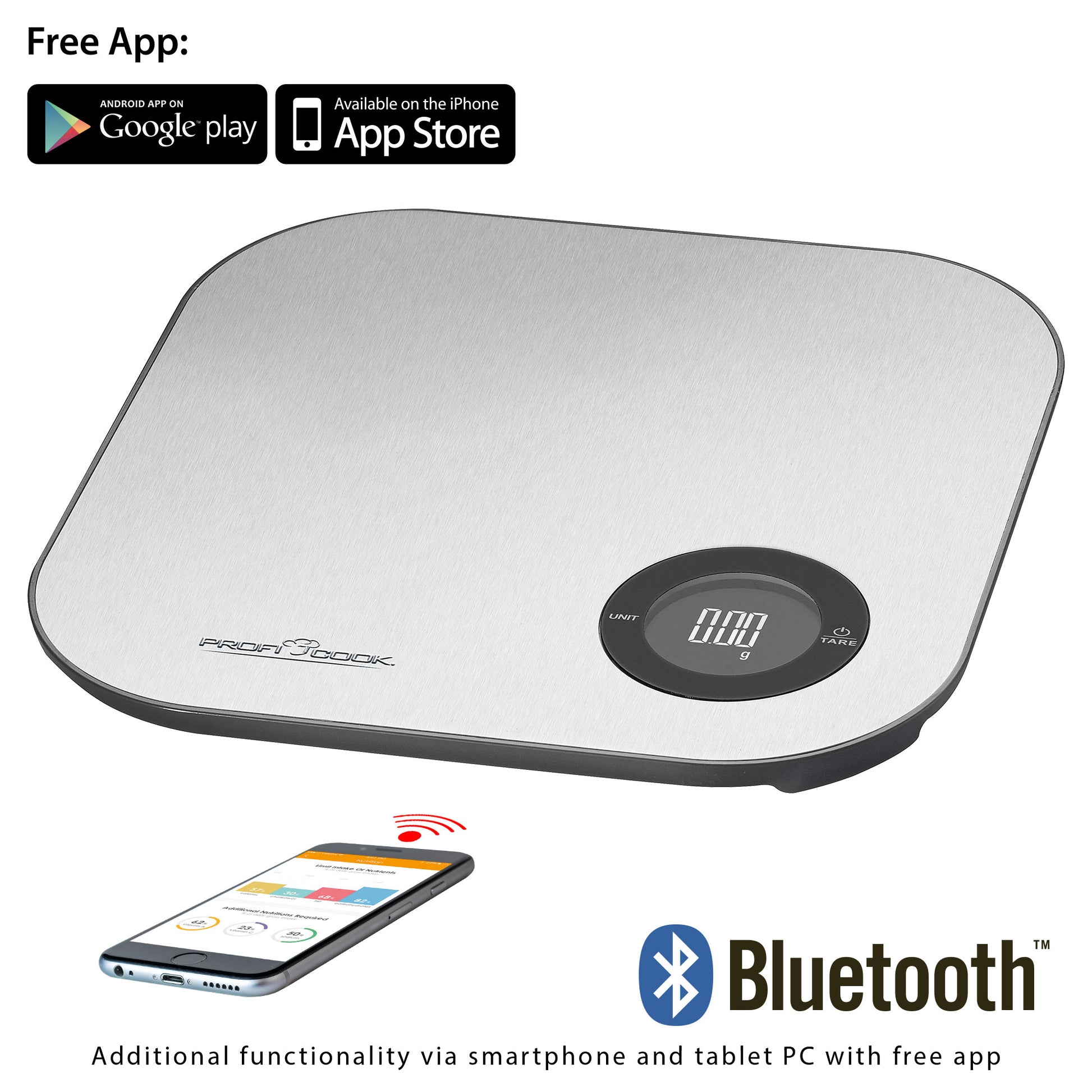 Báscula De Cocina Inteligente Bluetooth Con App, Precisión 1g, Hasta 5 Kg, Acero Inoxidable Proficook Kw 11158 Plata