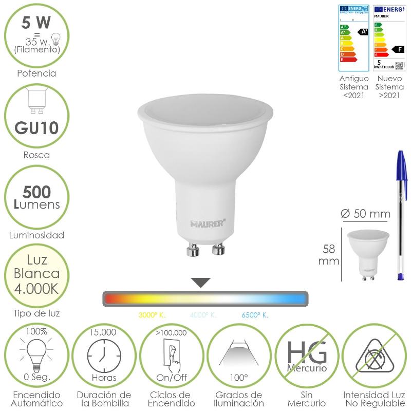 Bombilla Led Dicroica Rosca Gu10. 5 Watt. Equivale A 35 Watt. 500 Lumenes. Luz Neutra 4000º K_0