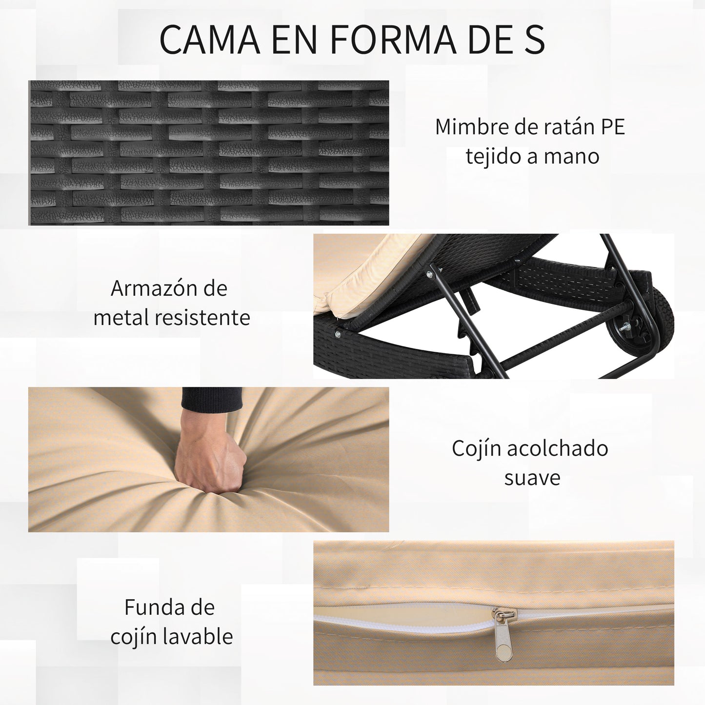 Outsunny Tumbona De Ratán Reclinable En Forma De S Con Ruedas 207x70x70cm Negro_5