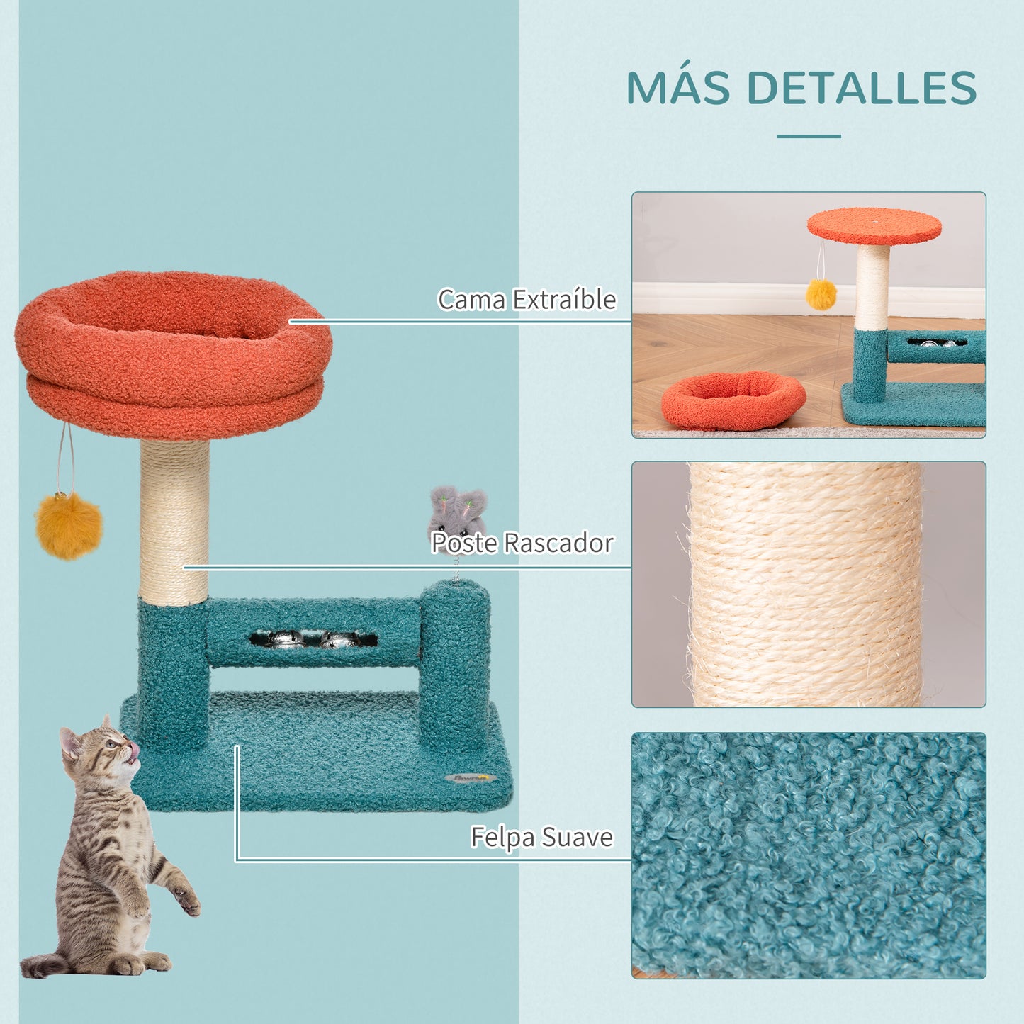 Pawhut Rascador Para Gatos Con Cama Cascabeles Poste Rascador De Sisal Juguetes_5