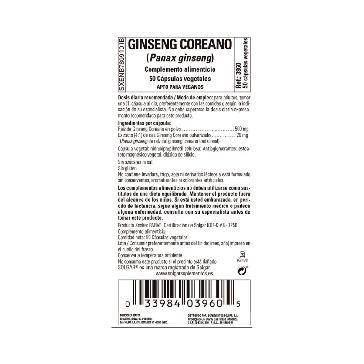 Ginseng Coreano (Panax Ginseng), 50 cápsulas vegetales