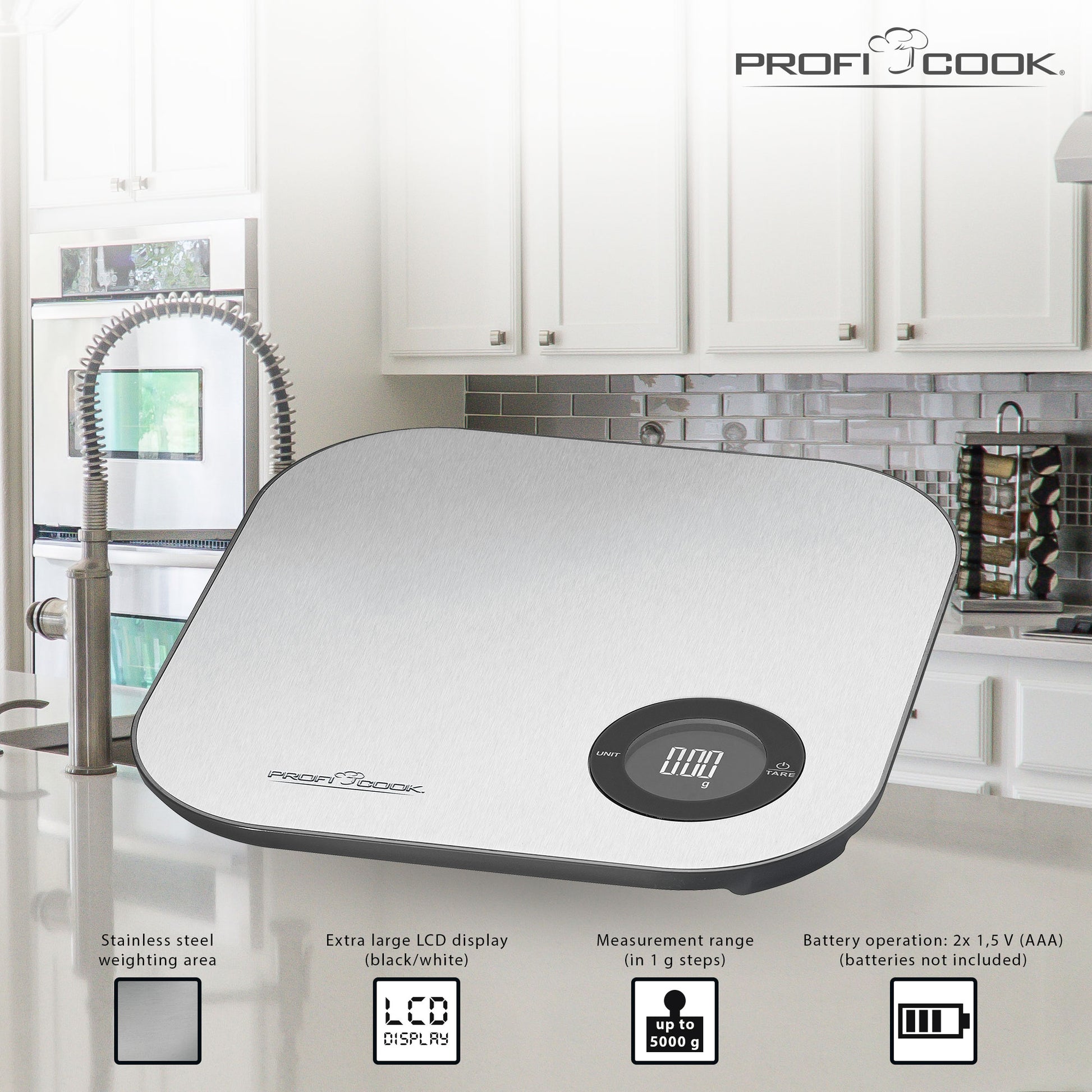 Báscula De Cocina Inteligente Bluetooth Con App, Precisión 1g, Hasta 5 Kg, Acero Inoxidable Proficook Kw 11158 Plata