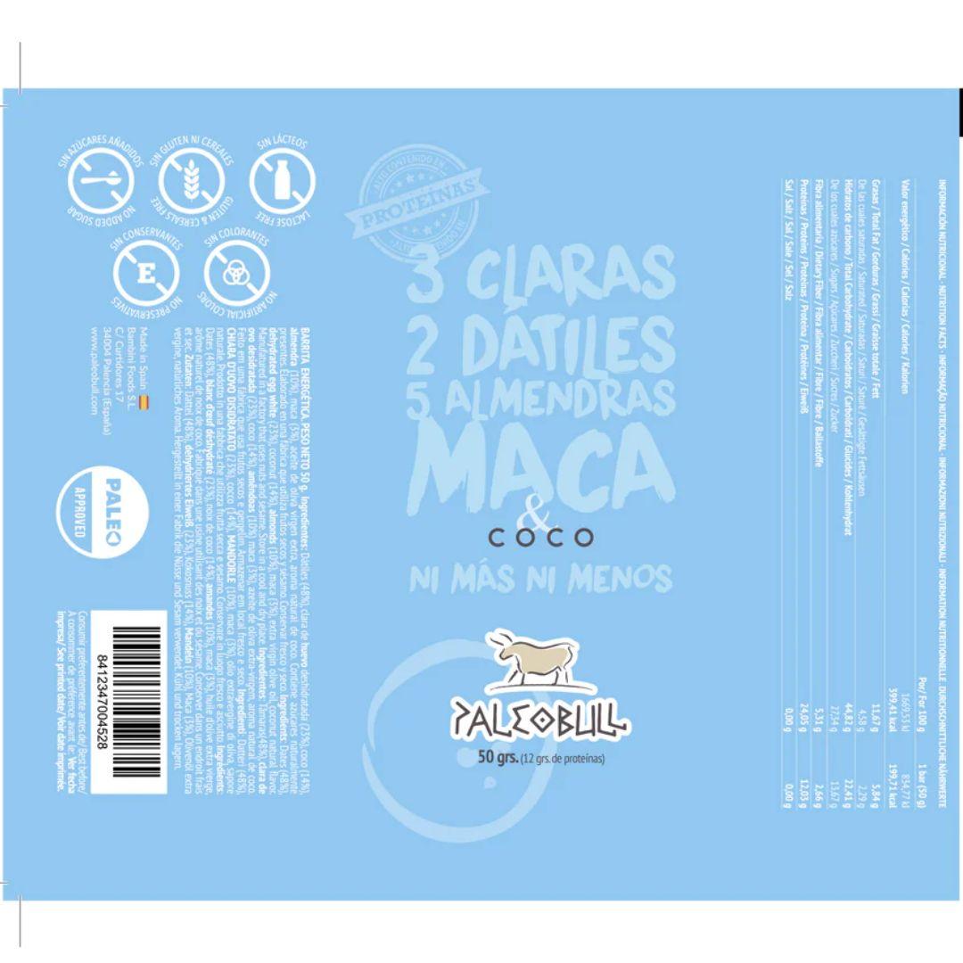 Barrita energética dátiles, almendras,  Maca y coco PaleoBull, 50 g