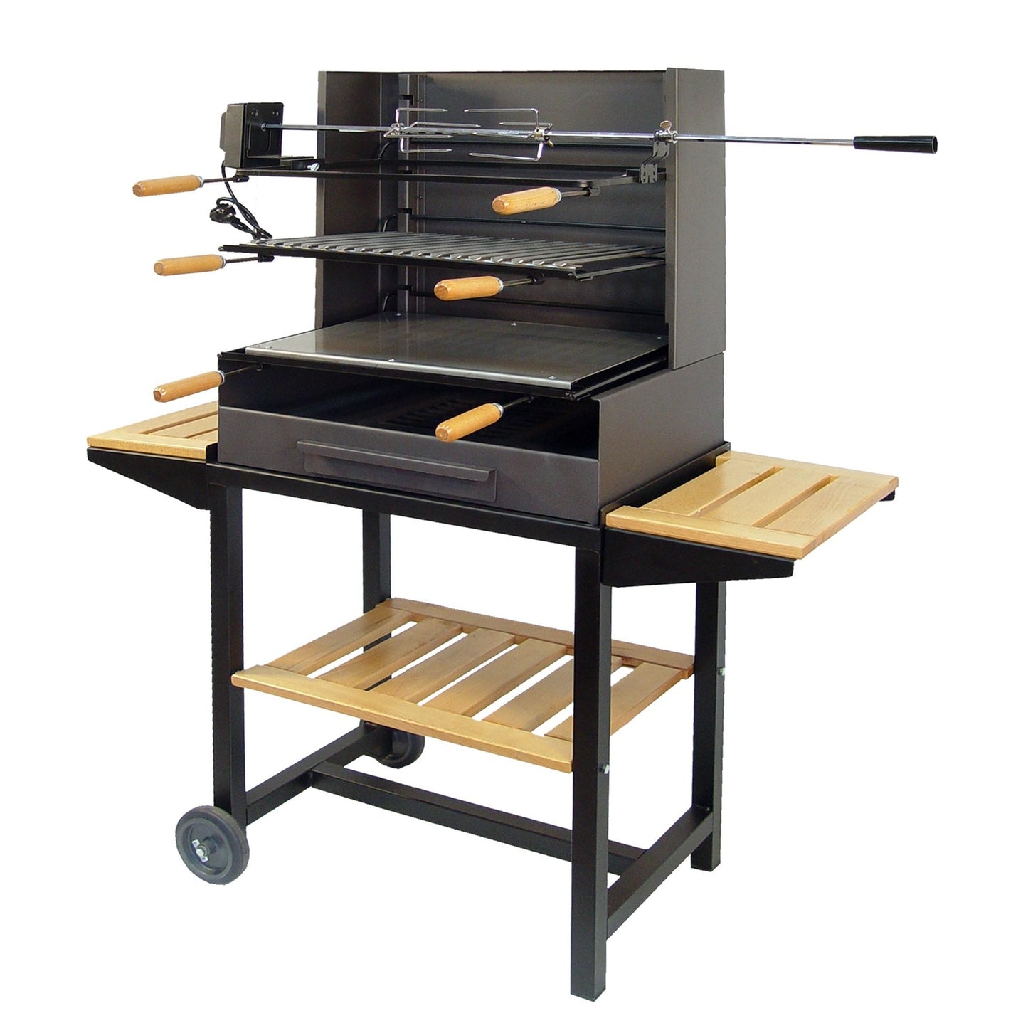 Barbacoa con ruedas y tres bandejas madera completa Imex el Zorro 72x40x135