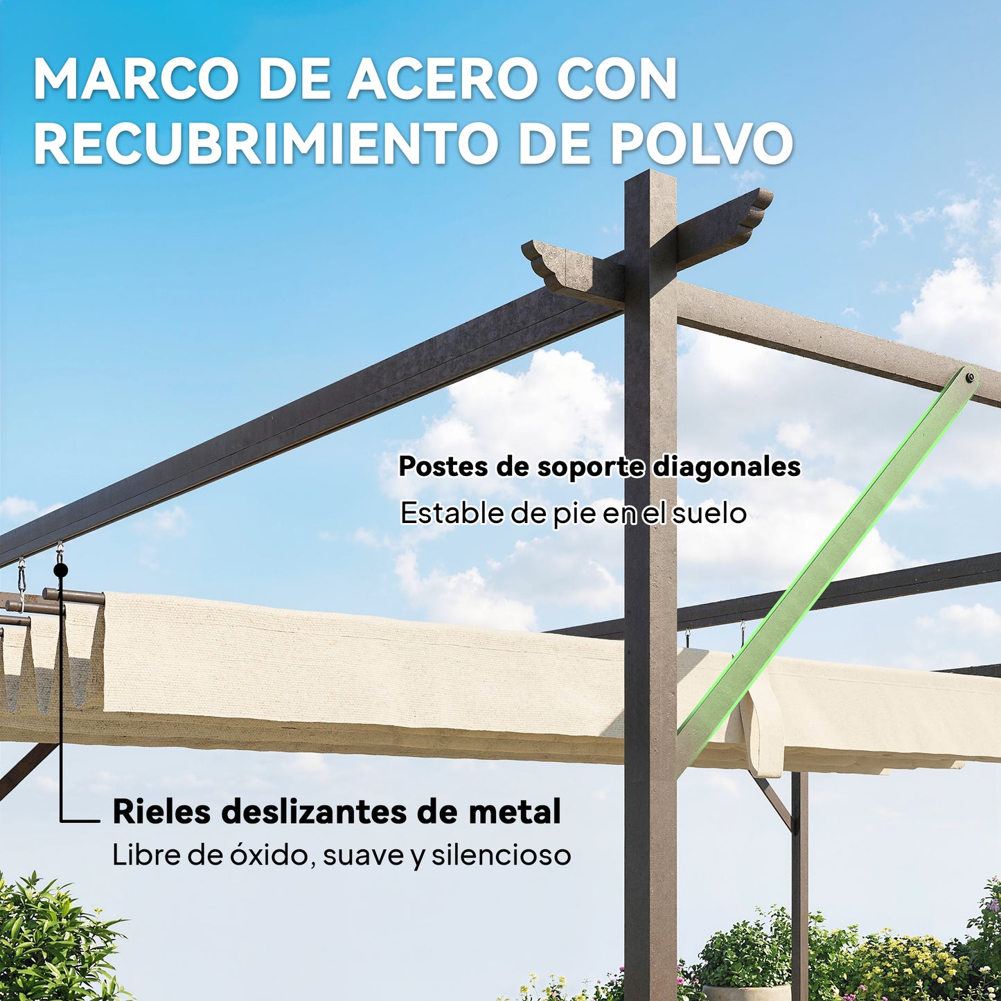 Outsunny Pérgola De Pared 3x3 M Con Techo Retráctil Upf30+ Blanco Crema_5