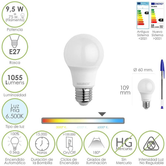 Bombilla Led Estandar Rosca E27. 9.5 Watt. Equivale A 75 Watt. 1055 Lumenes. Luz Fría (6500º K.)