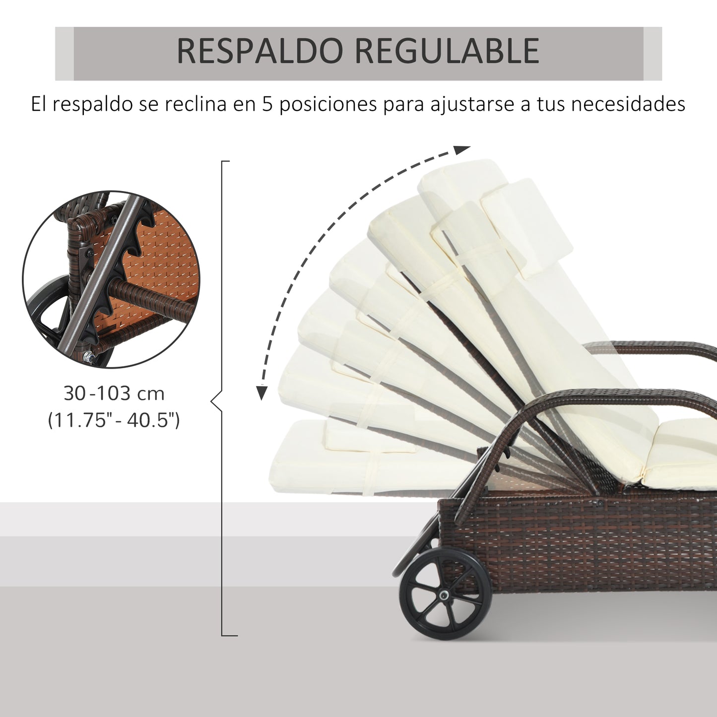 Outsunny Tumbona De Ratán Jardín Con Respaldo Ajustable Cojines 2 Ruedas Marrón_5