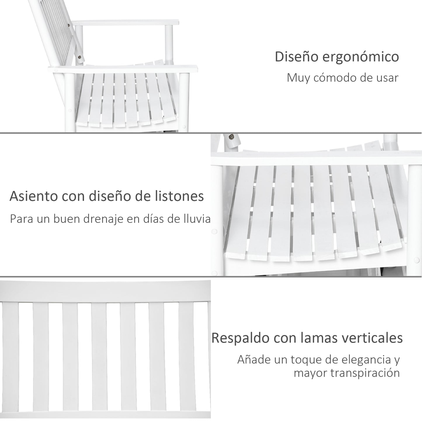 Outsunny Banco Mecedora De Jardín De 2 Plazas De Madera Carga Máx. 250 Kg Blanco_5