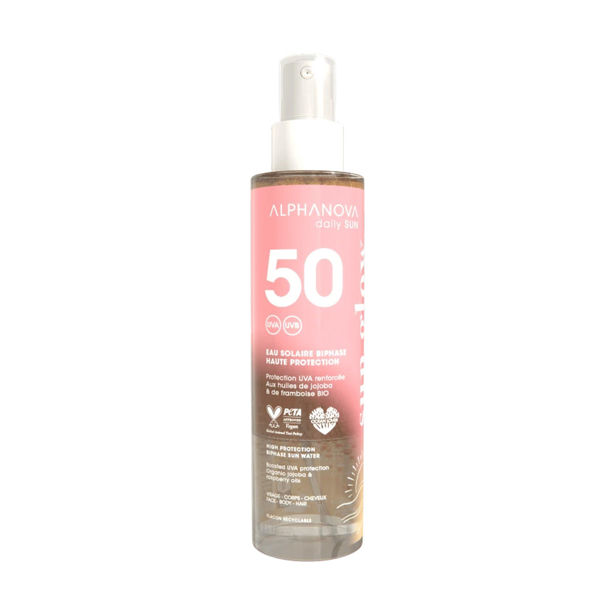 Agua bifásica solar alta protección spf50 Alphanova 125ml