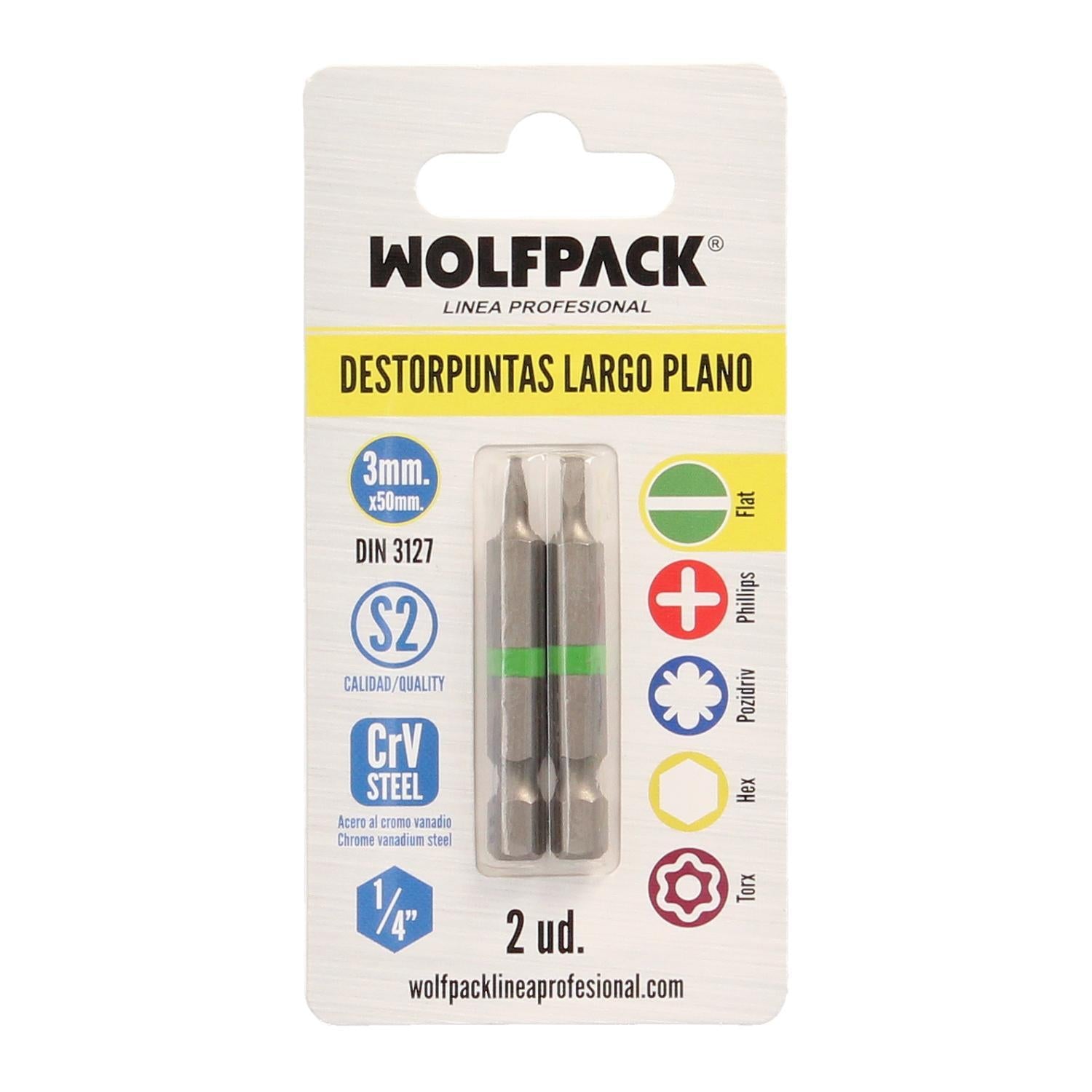 Puntas Destornillador Largo Plano 3 Mm. (2 Piezas). Acero S2 Al Cromo Vanadio. Puntas Hexagonales, Destorpuntas,