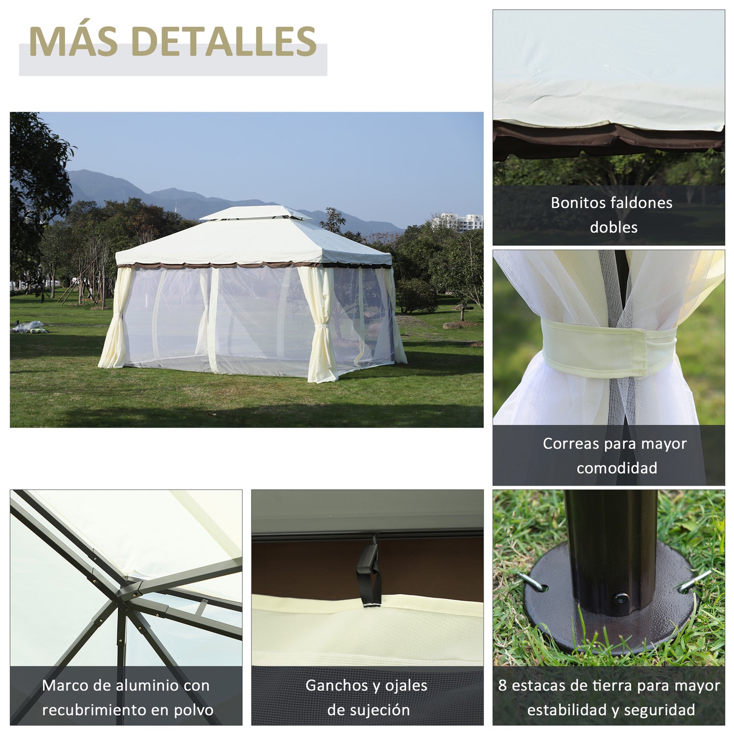 Outsunny Cenador De Jardín 4x3 M Pabellón De Jardín Con Doble Techo Crema_5