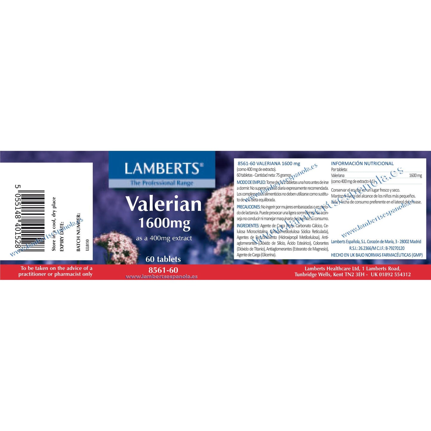 Valeriana 1.600 mg Lamberts 60 tabletas