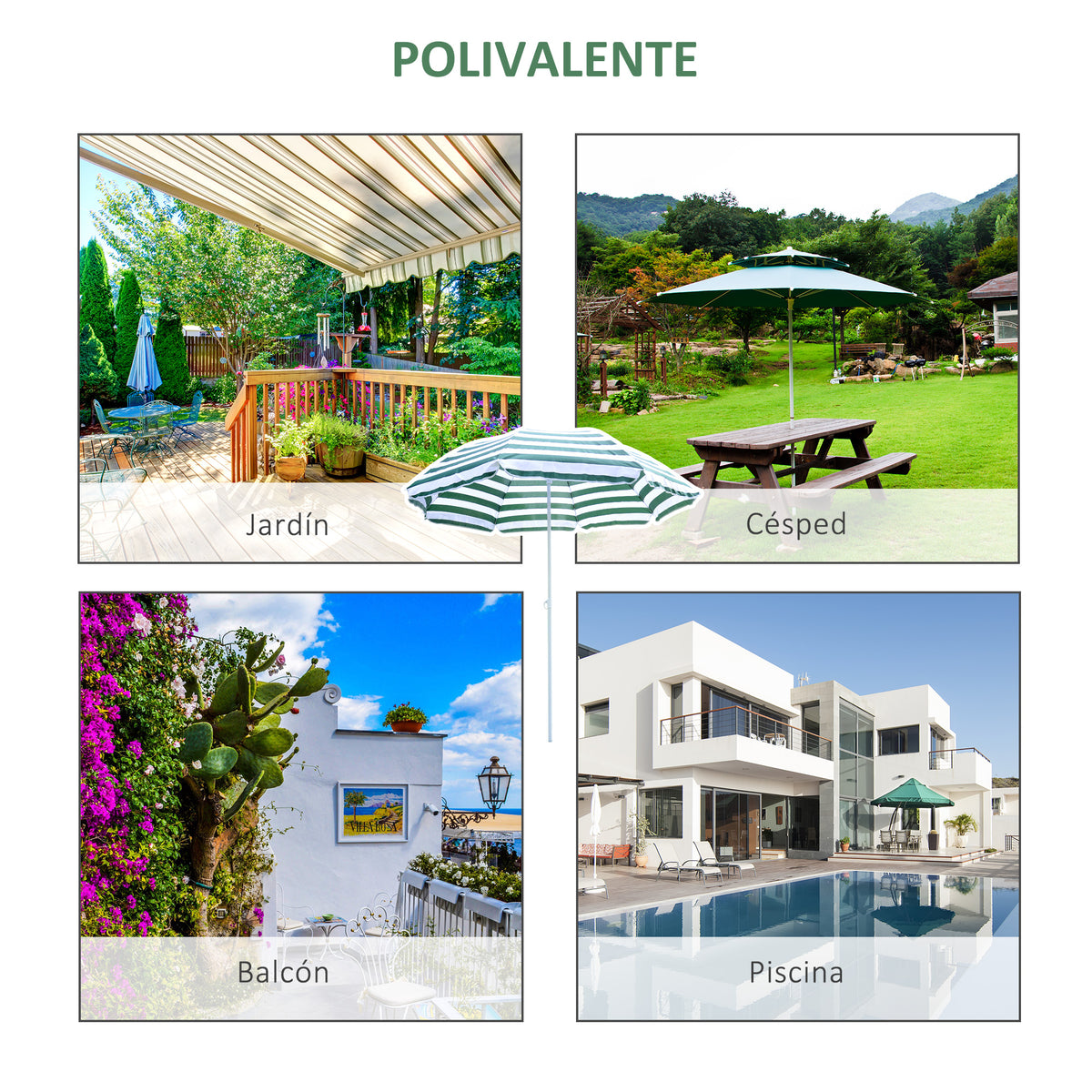 Sombrilla De Playa Outsunny Tela Poliéster, Metal Verde Y Blanco 180x180x200 Cm_5